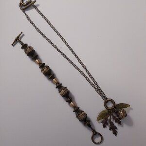 Antiqued charm boho necklace with matching bracelet bronze brown beads